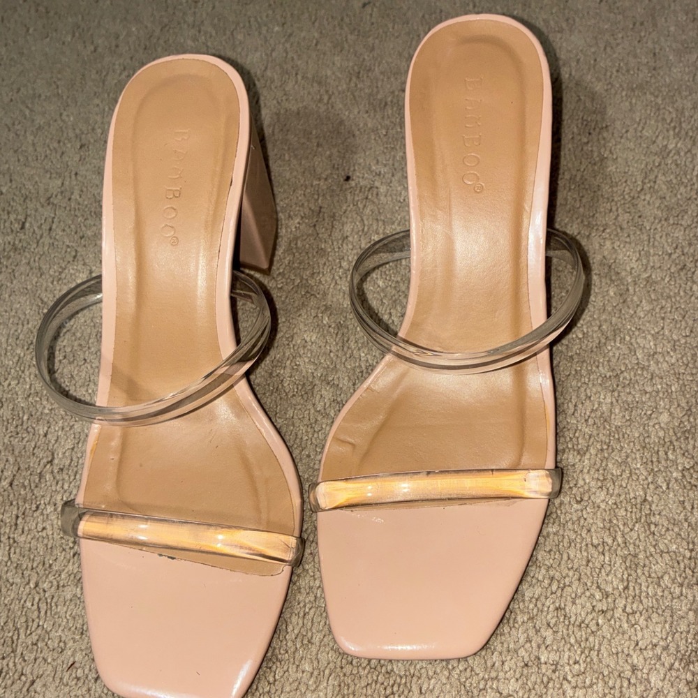 Bamboo Block Heel Sandals Women Size 6 Nude Clear Double Strap Square Toe Slide